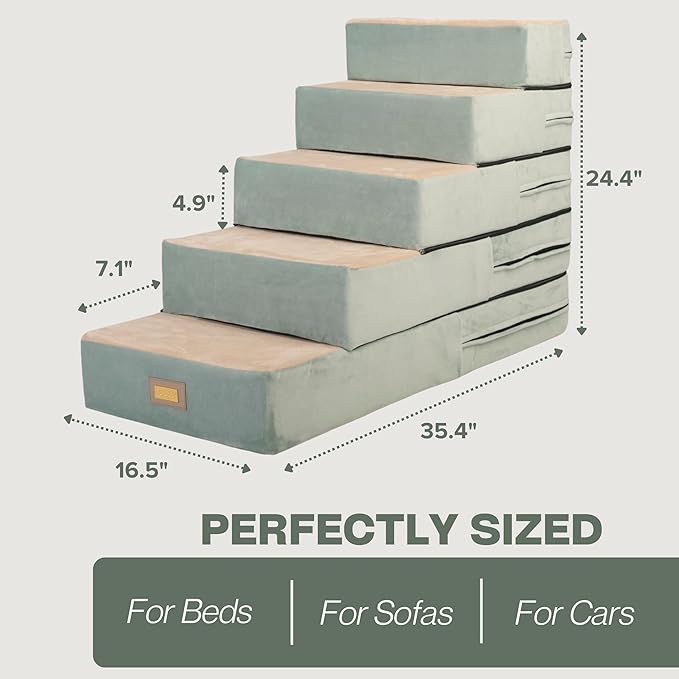All-in-One Adjustable Dog Stairs – 5-Step Premium Pet Ramp for Small to Large Dogs – Sturdy, Non-Slip & Versatile for Beds, Sofas & More - Soft Cover, Modern Design (Green)-PawvioPets