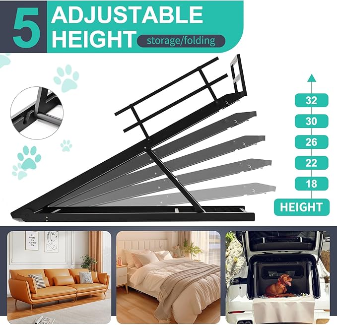 Dog Ramp, 5 Level Adjustable Height Folding Pet Ramp for High Bed, Portable Paw Ramps Large Bed Ramp for Medium & Large Old Dogs & Cats - Natural Wood Furniture Quality-PawvioPets