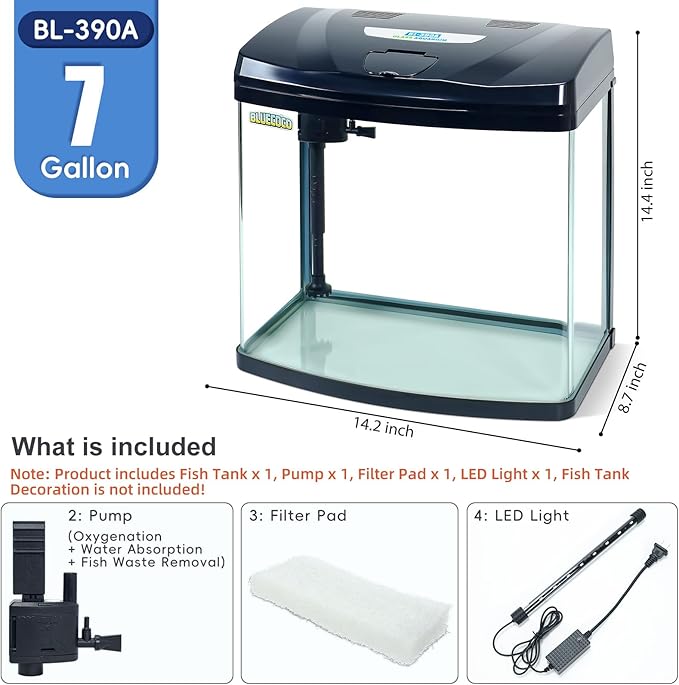 7 Gallon Glass Aquarium Starter Kit with Flip-Top Feeding Port for Betta Fish: Crystal Clear Viewing, Eco-Cycle Filtration, Air Pump, and LED Lighting-PawvioPets