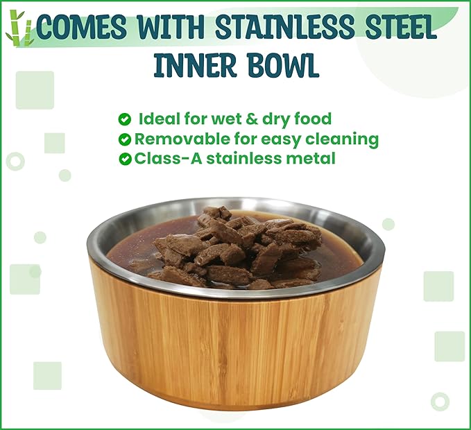 Elevated Dog Bowls for Large Breed - (15-Inch Tall, 74-oz Cap), Deter Ants and Bugs - Raised Single Feeder, Suitable for Dry and Wet Pet Foods - Bamboo with Stainless Steel Dish-PawvioPets