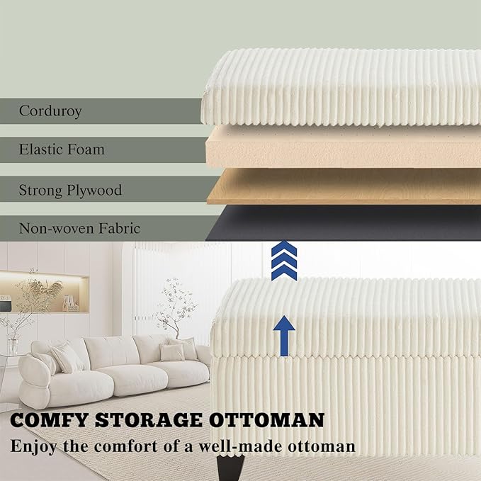 48" Ottoman with Storage, Corduroy Storage Ottoman Bench for Bedroom, End of Bed Bench with Safety Hinge for Living Room, Bedroom, Entryway, White-PawvioPets