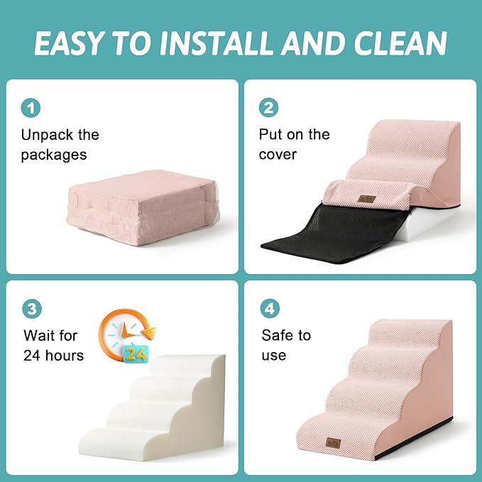 Dog Stairs for Small Dogs 19.7" H, Curved Dog Step for Puppy, Older or Cat, Medium Pet Ramp for Sofa, Couch or Bed, Ladder with High Density Foam, 15.7x28.3x19.7 inch, 4 Step, Pink-PawvioPets