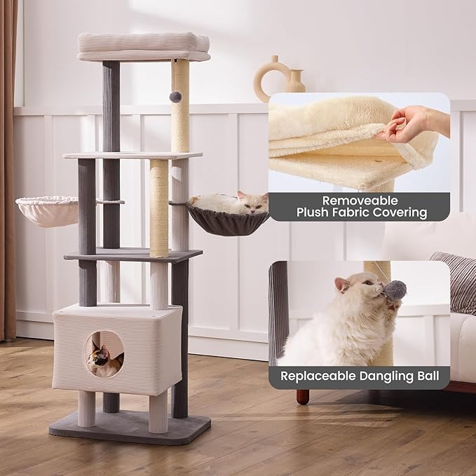 Gardner Pet 65in Heavy Duty Cat Tree Tower for Large Cats, Multi-Level Cat Furniture with Replaceable Sisal Scratching Post, Hammock | Extra-Large Platform & Condo Easy to Clean (Corduroy)-PawvioPets