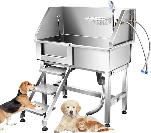 Dog Bath Tub 34'' Small Dogs, Pet Grooming Bahtub Home Washing Station for Small Pets Stainless Steel with Sliding Doors, Left Steps-PawvioPets