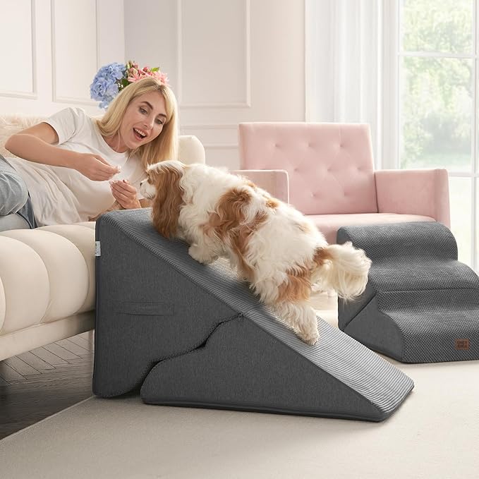 EHEYCIGA Curved Foldable Dog Stairs Ramp for High Beds 19.7" H, 4-Step Dog Steps for Small Dogs and Cats, Pet Stairs for High Bed Climbing, Non-Slip Balanced Pet Step Indoor, Grey-PawvioPets