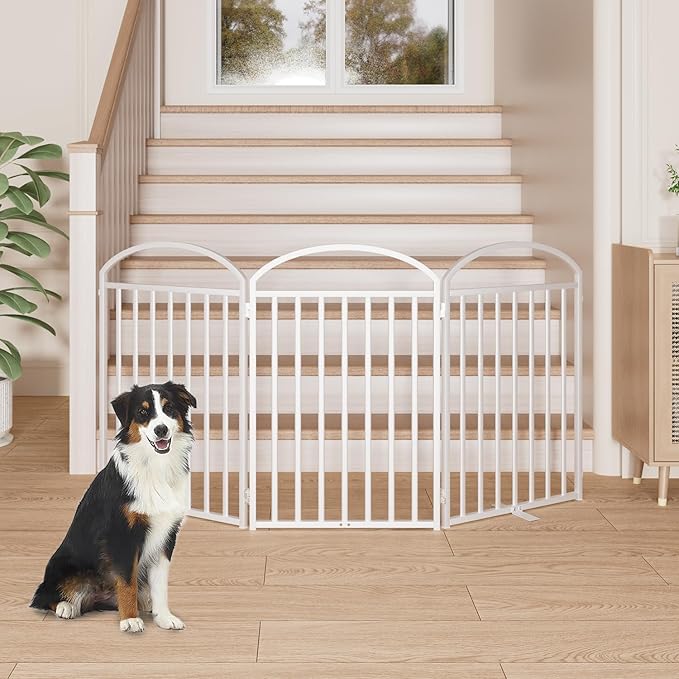 3 Panles Full Matel Freestanding Dog Gates with Door, 72"Extra Wide 32"Tall Free Standing Dog Pet Gate for Indoor & Outdoor. Foldable Pet Fences for Doorways, House, Stairs, Porch, Deck, Yard-PawvioPets