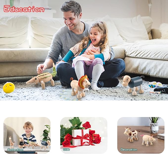 12PCS Bendable Wooden Animal Toys, Fun and Posable Animal Toys for Early Education, Smooth Natural Wood, Safari Farm Wood Animals Learning Toy for Kids-PawvioPets