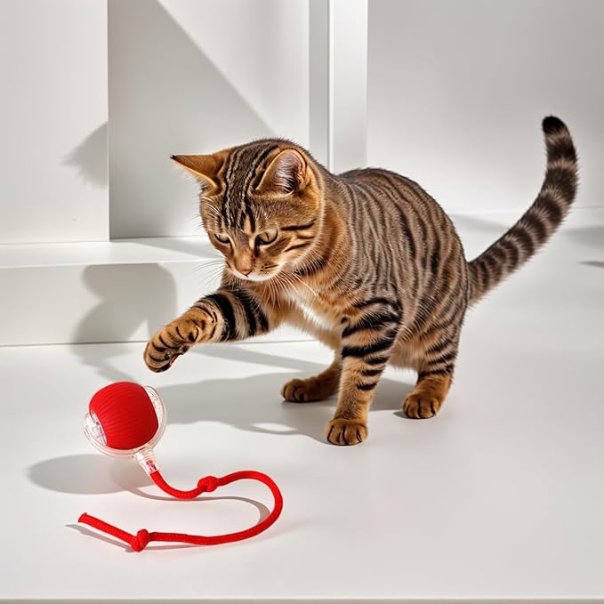 Electric Cat Toy - Automatic Rolling cat Toy with Motion sensors, Designed for Indoor Cats, Suitable for Solo Play (USB Rechargeable) (Red)-PawvioPets