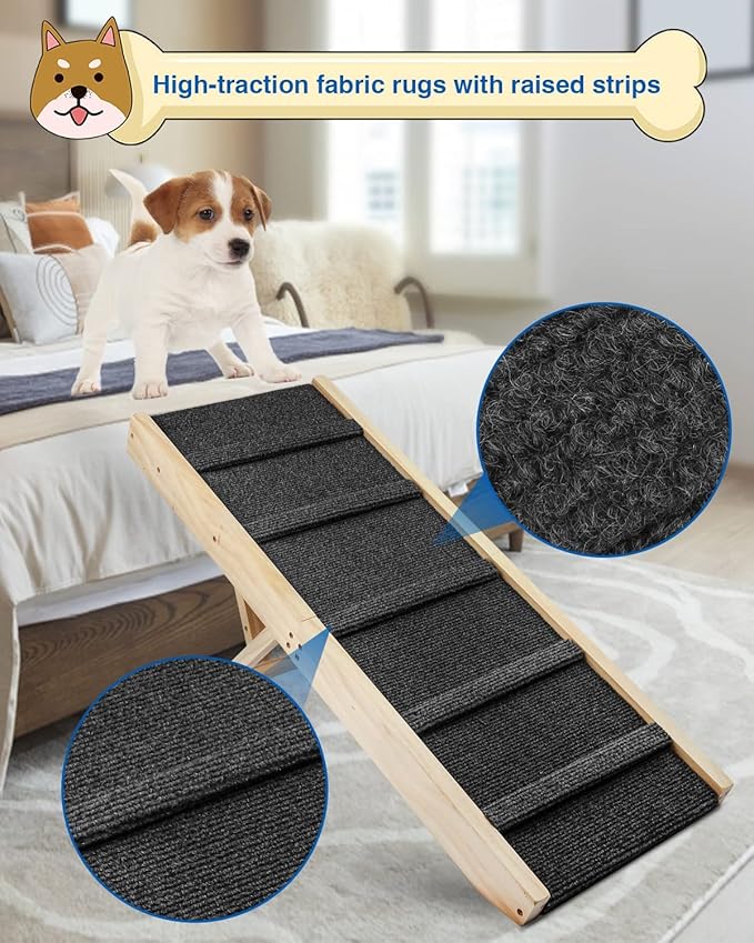 Adjustable Dog Ramp, Wooden Folding Portable Pet Ramp,Rated for 30 LBS, 32.6" Long and Adjustable from 10" to 19" with Non-Slip Traction Mat, Dog Step for Bed, Couch,Car (Grey)-PawvioPets