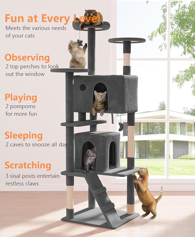77'' Cat Tree Tower for Indoor Cats Large Adult, Cute/Tall Modern Cat Tree for Big Cats 20 lbs, Plush Multi-Level Cat Condo with Scratching Posts, Dangling Ball (Smoky Gray, 77 inch)-PawvioPets