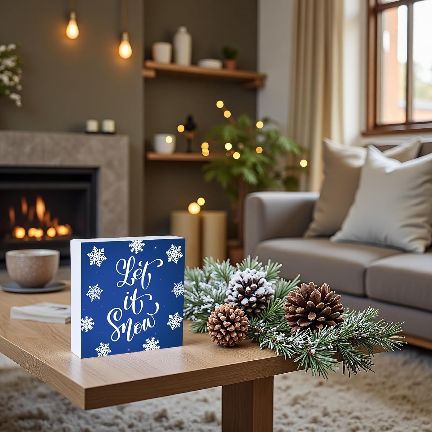 Winter Decorations Indoor Winter Decor Let It Snow Home Room Snowflakes Table Wood Box Sign Rustic Wooden Shelf Desk Decor Season Sign House Warming Gifts 5.9 x 5.9 Inch