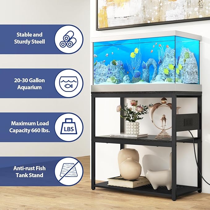 20-29 Gallon Fish Tank Stand with Power Outlets, 3-Tier Metal Aquarium Stand, Breeder Reptile Tank Stand with Shelf for Home Office, 660LBS Capacity, 29.5 x 15.8 x 30.1 inches, Black-PawvioPets