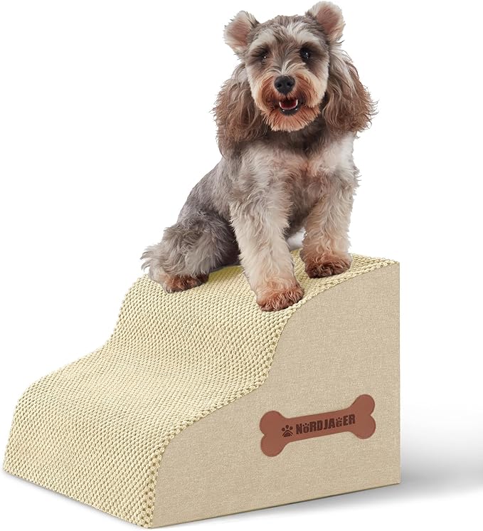 Dog Stairs for Small Dogs and Cats, 2 Steps Pet Stairs to Get on Couch Sofa and Chair, Indoor Non-Slip Balanced Portable Pet Step, High-Density Foam Ramp with Removable Washable Cover, Beige（11.8" H）-PawvioPets