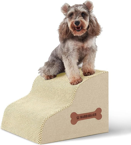 Dog Stairs for Small Dogs and Cats, 2 Steps Pet Stairs to Get on Couch Sofa and Chair, Indoor Non-Slip Balanced Portable Pet Step, High-Density Foam Ramp with Removable Washable Cover, Beige（11.8" H）-PawvioPets
