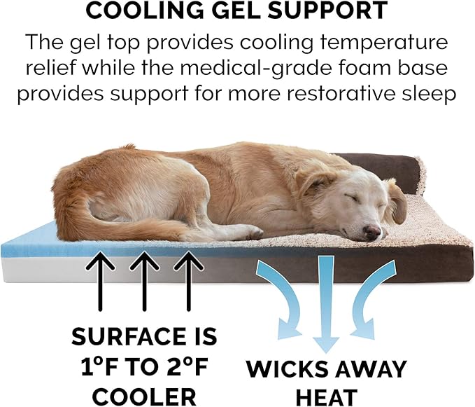 Furhaven Cooling Gel Dog Bed for Large/Medium Dogs w/ Removable Bolsters & Washable Cover, For Dogs Up to 55 lbs - Two-Tone Plush Faux Fur & Suede L Shaped Chaise - Espresso, Large-PawvioPets