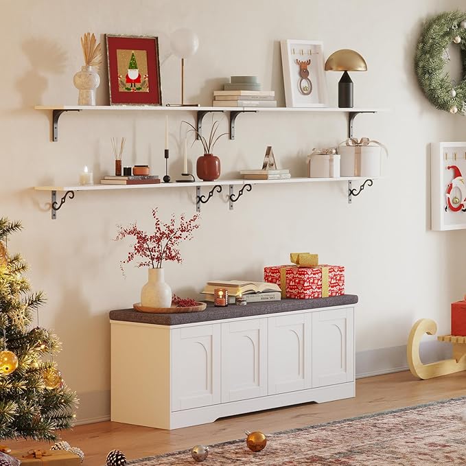 DINZI LVJ Shoe Bench, Entryway Storage Bench with Doors, Cushion, 2-Tier Shoe Rack with 8-Cubby, 47.2”L x 13.8”W Shoe Organizer Cabinet, Adjustable Shelf, Living Room, Bedroom, White-PawvioPets