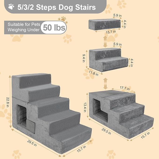 Dog Stairs for Small Dogs 23” H, 5-Step Dog Steps for High Bed, High-Density Foam Pet Stairs with Non-Slip Removable Washable Cover to Get on Bed-PawvioPets