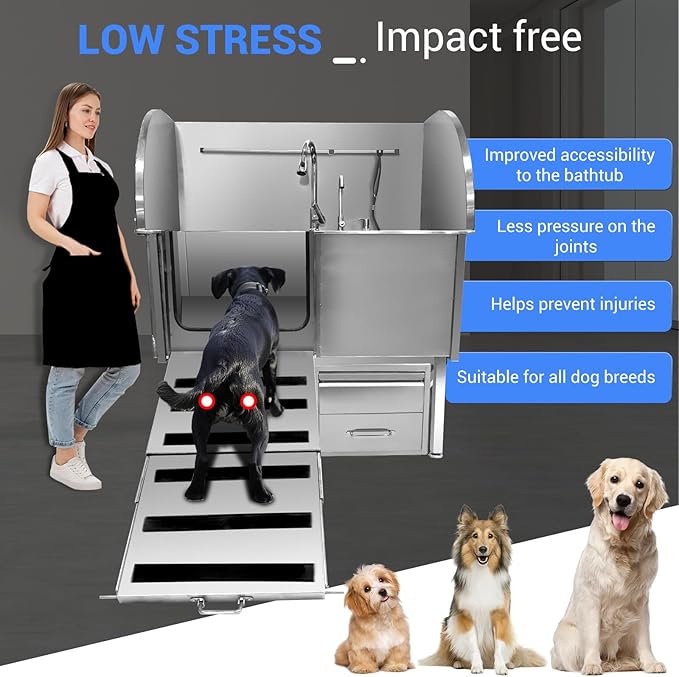 50" Dog Washing Station, Professional Stainless Steel Pet Dog Bathing Station with Ramp, Faucet, Storage Drawer, Floor Grate Dog Bathtub for Large, Medium, Small Pets (Right Ramp)-PawvioPets