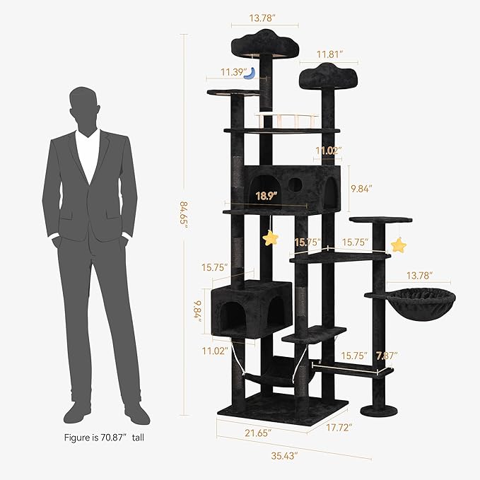 85inch Giant Cat Tree for Heavy Duty Big Cats, Multi-Level Luxury Cat Tower with Scratching Post, Cat Condo with Hammocks & Plush Perches for Indoor Cats Large Adult, Black-PawvioPets