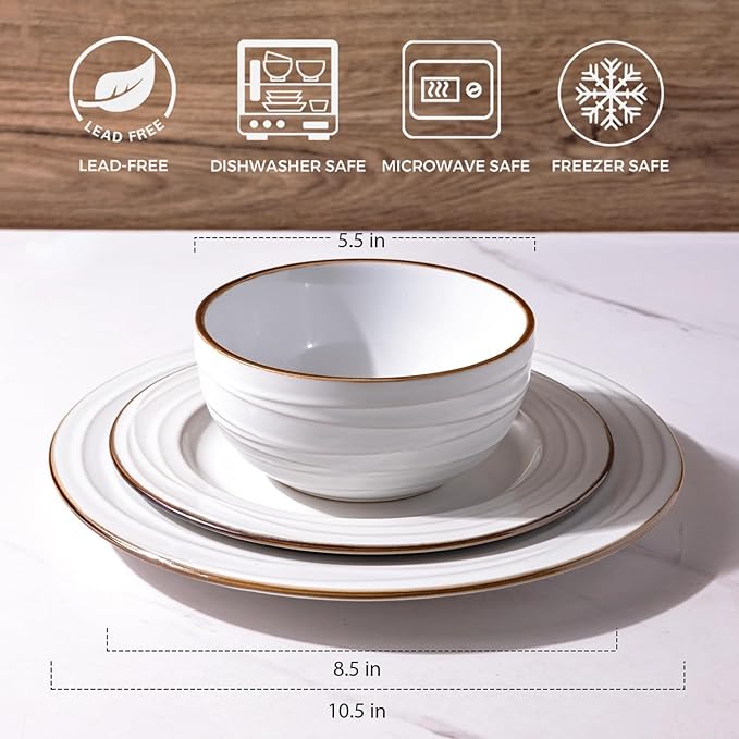 GBHOME Ceramic Dinnerware Sets, 24 pcs Embossed Elegant Stoneware Plates and Bowls Sets, Housewarming Wedding Gift | Dishwasher & Microwave Safe | Dishes Set Service for 8-PawvioPets
