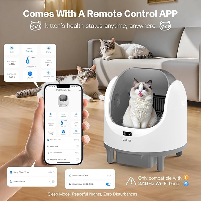Automatic Litter Box, [Safe Anti-Pinch] CAUSII Large Capacity Self-Cleaning Cat Litter Box for Multiple Cats, App Control, Quiet & Odor-Free,for 3.5-24.2LB, with 30PCS Garbage Bags,Litter Mat-PawvioPets