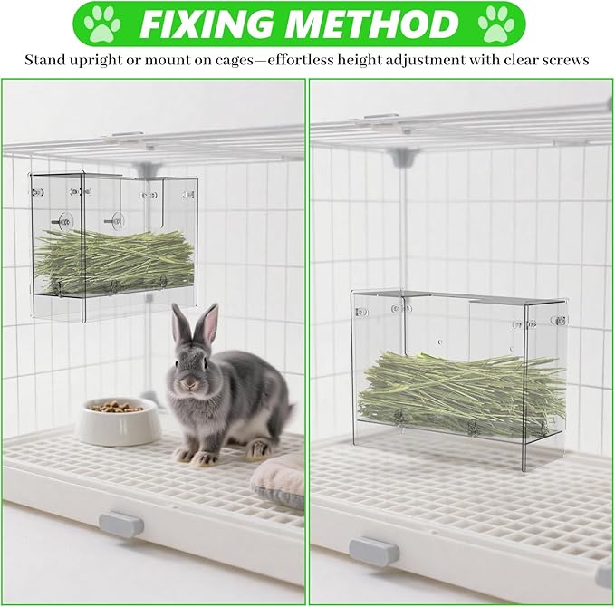 Acrylic Rabbit Hay Feeder with Lid, Transparent Hanging Food Dispenser Hay Feeder for Bunny Rabbits Guinea Pig Cage Chinchillas Hamsters Small Pets and Animals（Medium-PawvioPets