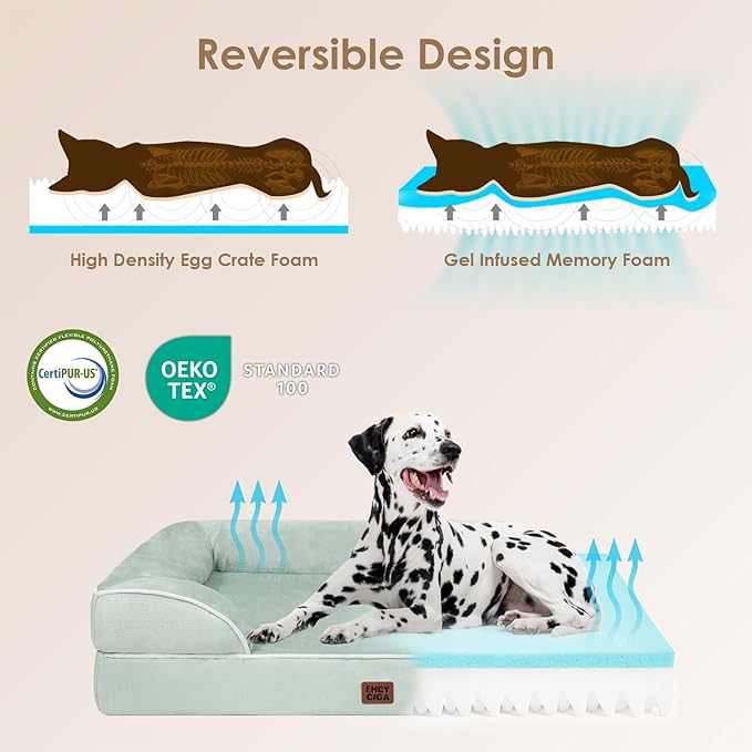 EHEYCIGA Orthopedic Dog Beds for Extra Large Dogs, Waterproof Memory Foam XXL Dog Bed with Sides, Non-Slip Bottom and Egg-Crate Foam Big Pet Couch Bed with Washable Removable Cover, Sage Green-PawvioPets