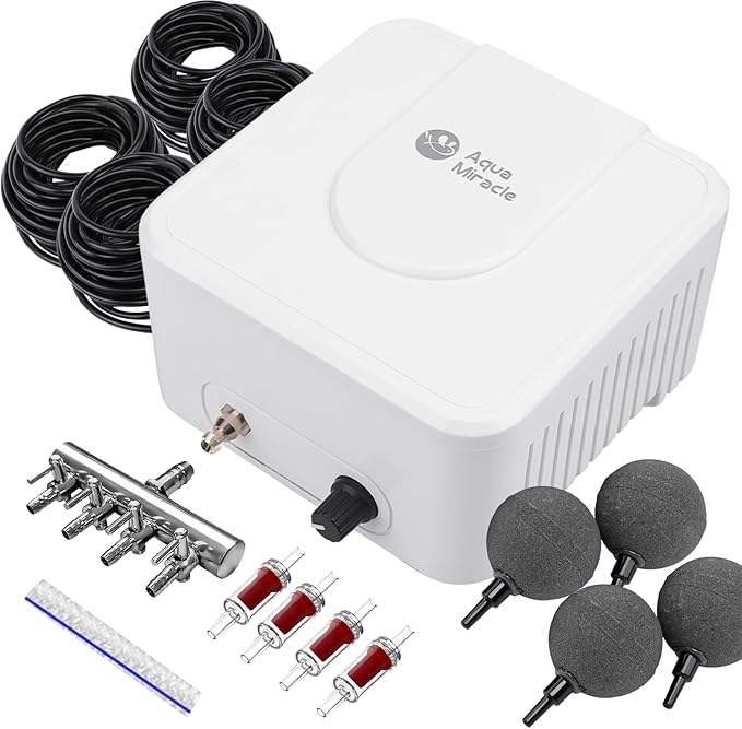 AquaMiracle All-in-One Koi Pond Aerator for Outdoor Ponds up to 3000 Gallons, Pond Air Pump Pond Aeration System with 4-Outlet Manifold Airline Tubing Air Stones Check Valves-PawvioPets