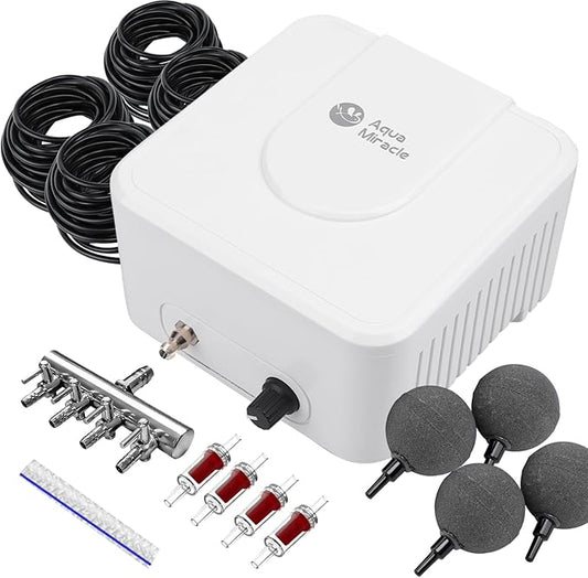 AquaMiracle All-in-One Koi Pond Aerator for Outdoor Ponds up to 3000 Gallons, Pond Air Pump Pond Aeration System with 4-Outlet Manifold Airline Tubing Air Stones Check Valves-PawvioPets