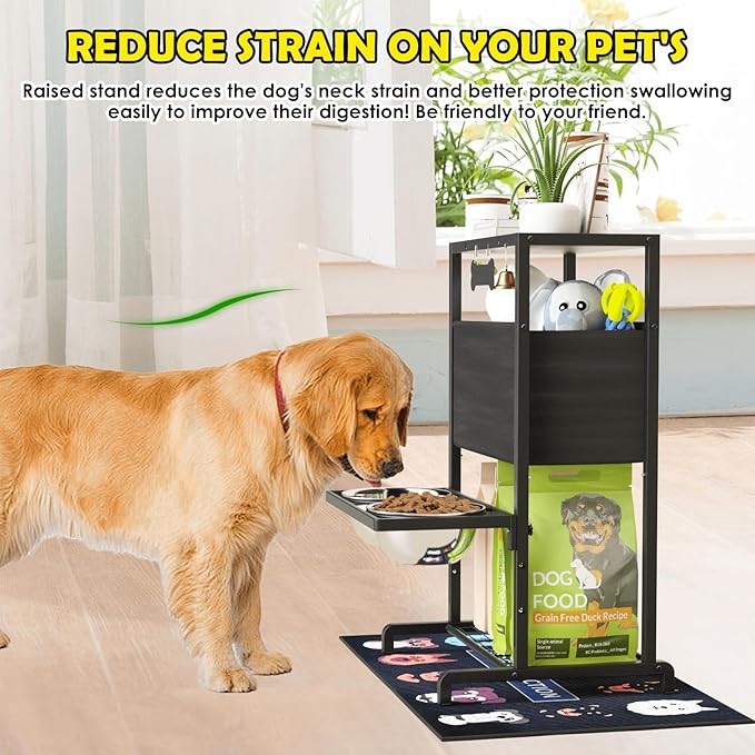 Elevated Dog Bowls, Height Adjustable Raised Dog Bowl Stand (4.5'' to 12''), Organizer Bowl Holder for Large Medium Dogs-PawvioPets