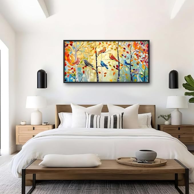 Extra Large Framed Abstract Bird Forest Wall Art,Colorful Birds Birch Tree Wall Decor Pictures for Living Room,Canvas Print Painting Modern Artwork Bedroom Office Bathroom Home Decor 60L x 30W-PawvioPets
