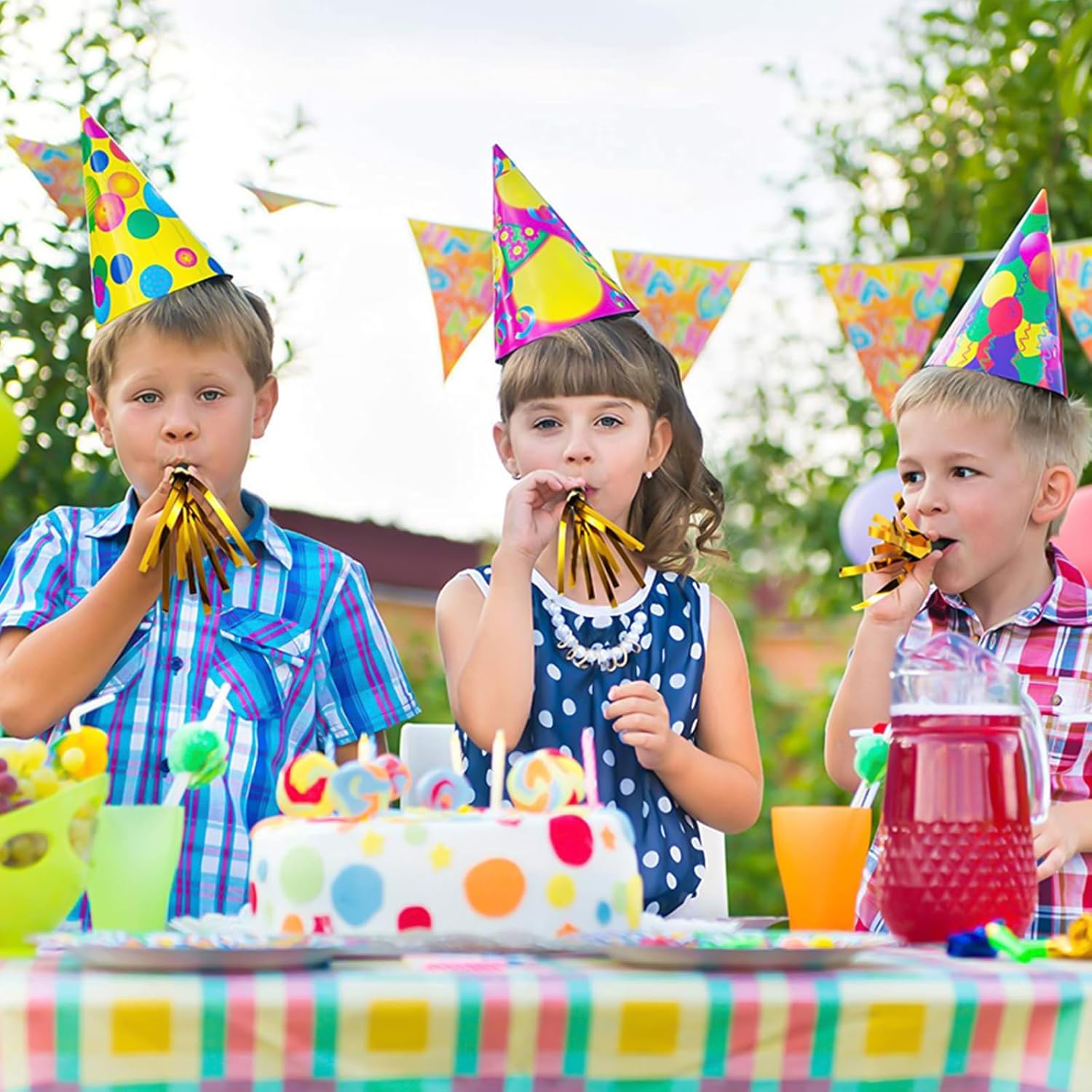 24 Pcs Glitter Noisemakers, Metal Tassel Music Birthday Blowers, Horn Whistles Party Favors Blow Out, Kids New Year's Eve Noisemakers (Color, Gold, Silver)