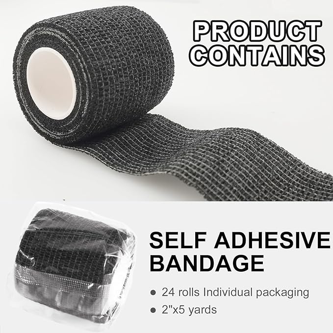 24 Pack Self Adhesive Bandage Wrap, 2” x 5 Yards Elastic Cohesive Bandage Wrap Black Athletic Tape Grip Tape for Ankle, Wrist Sprains, Sports Injuries & Pet First Aid | Medical Sports Tape-PawvioPets