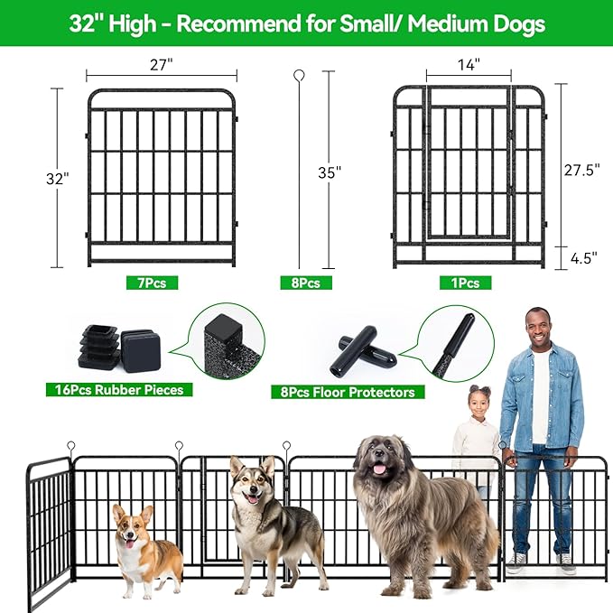 Dog Playpen Outdoor 8 Panels Heavy Duty Dog Fence 32" Height with Thick Pipe Anti-Rust with Doors Portable for RV Camping Yard, Total 18FT, 25 Sq.ft, Snowy Black-PawvioPets