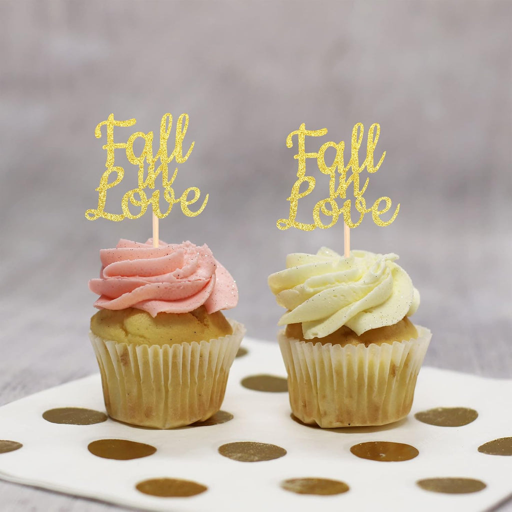 24 PCS Fall in Love Cupcake Toppers Glitter Bridal Shower Cupcake Picks Wedding Engagement Anniversary Birthday Party Cake Decorations Supplies
