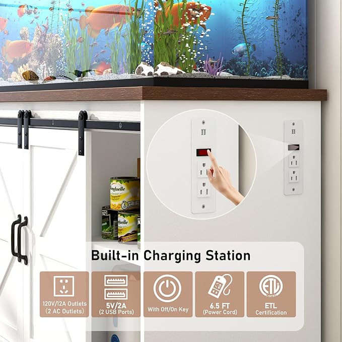 Farmhouse 55-75 Gallon Fish Tank Stand with Power Outlet, Aquarium Stand with Cabinet&Sliding Barn Door, Heavy Duty Reptile Tank Stand for 2 Fish Tank/Turtle Tank/Reptile Terrarium, White-PawvioPets