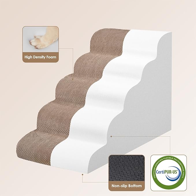 EHEYCIGA Curved Dog Stairs Ramp for High Beds, 5-Step Extra Wide Dog Steps for Small Dogs and Cats, Pet Stairs for High Bed Climbing, Non-Slip Balanced Pet Step Indoor, Camel-PawvioPets
