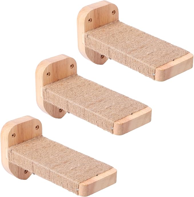3pcs Cat Wall Steps, Climbing Mounted Furniture, Shelves With Hemp Rope Covered, Solid Wood Ladder for Playing and Climbing (Standard-Wood)-PawvioPets