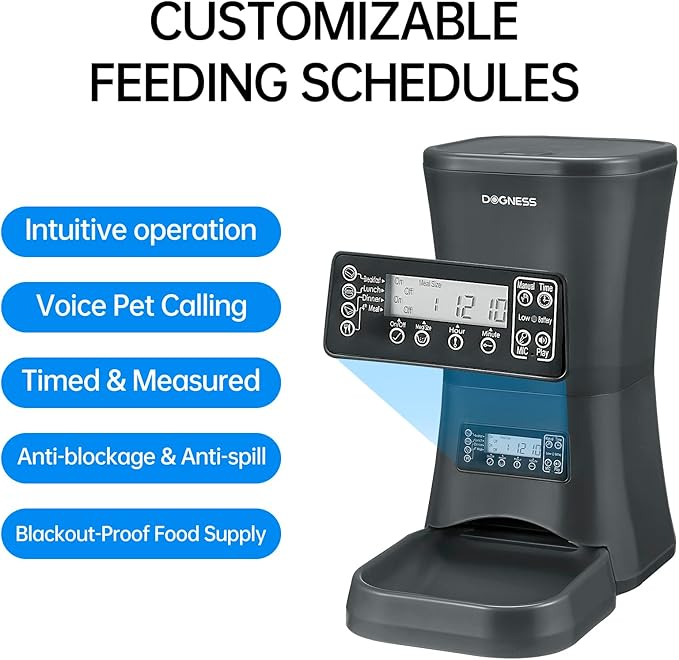 DOGNESS 9L Dog Feeders for Large Dogs, Automatic Dog Feeder with Timer Extra Large, Programmable Auto Pet Food Dispenser Feeder, Portion Control, Voice Recording, Battery and Plug-in Power (Black)-PawvioPets