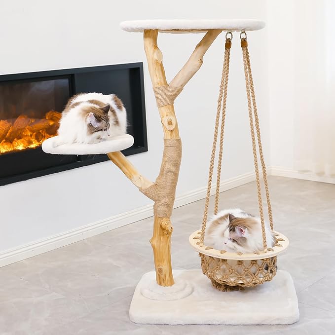 50" Tall Cat Tree Tower, Modern Cat Tree for Indoor Cats, Washable Wooden Perchs and Climbers for Large Cats, Cute Cat Furniture with Unique Cat Swing-PawvioPets