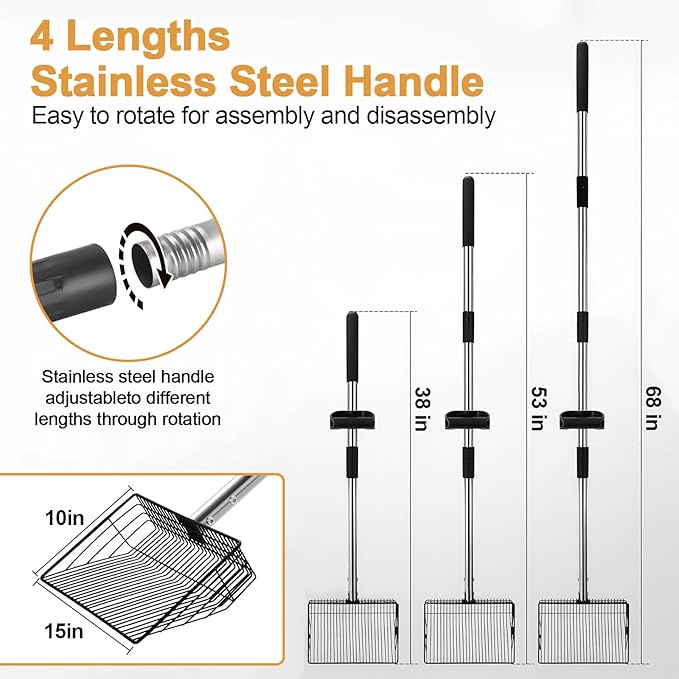 15" Chicken Poop Scooper & Rake, Metal Chicken Coop Scoop for Poop with 24 to 68" Adjustable Stainless Steel Handle, Litter Scooper Sifting Shovel Chicken Coop Accessories-PawvioPets