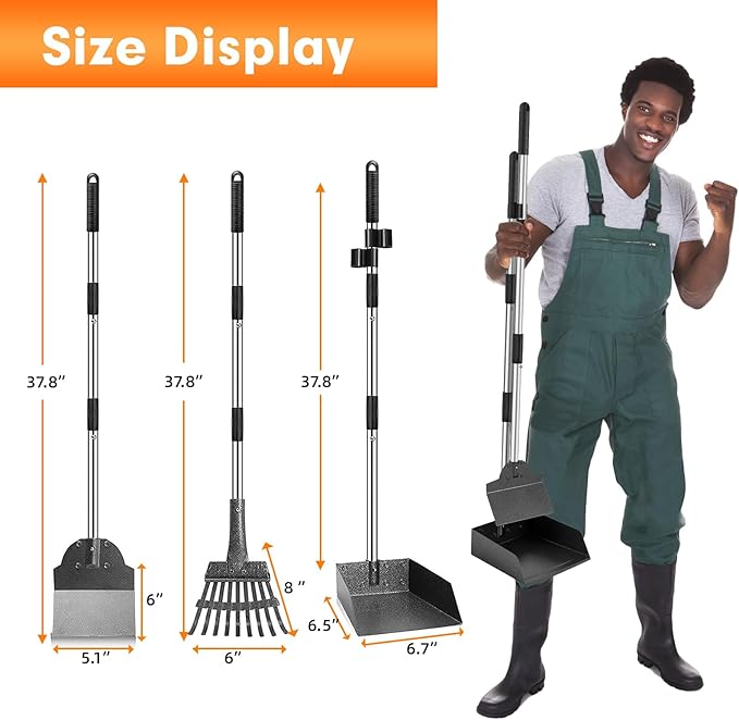 Dog Pooper Scooper, Adjustable Handle Poop Scooper with Tray,Rake and Spade Set of 3, Steel Stainless Poop Scoop for Small Medium Dogs and Pet Waste on Grass, Dirt and Gravel (Medium Size)-PawvioPets