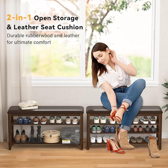 Entryway Shoe Storage Bench with Leather Cushion, Shoe Organizer Bench for Entryway, Ideal for Hallways Front Doors Entrances Mudrooms Featuring Rubberwood And 3 Height-Adjustable and Removable Shelve-PawvioPets