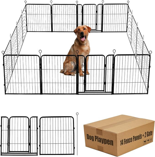 Dog Playpen,24 32 40 48 in(H) Pet Fence Outdoor for Rv Camping,Garden Fence Small Animal Barrie for Yard,11Ft(L)-56Ft(L) Black Metal Temporary Fencing-PawvioPets