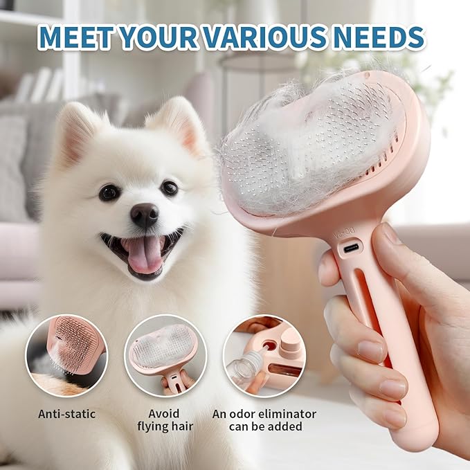3-in-1 Self-Cleaning Steam Brush - Anti-Static, for Grooming Long & Short Pet Hair, Reduces Shedding, Pink-PawvioPets
