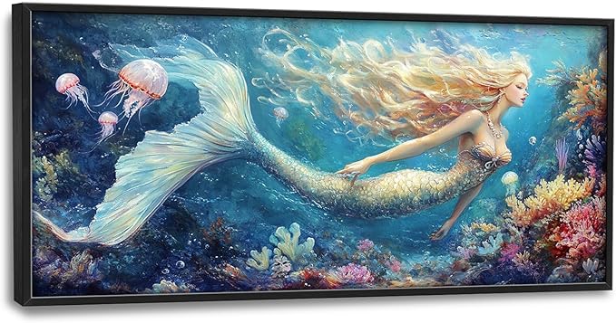 Extra Large Framed Mermaid Wall Art,Oversized Undersea Ocean Wall Decor,Colorful Coral Reefs Pictures for Living Room,Elegant Canvas Print Painting Modern Artwork Bedroom Bathroom 60L x 30W-PawvioPets