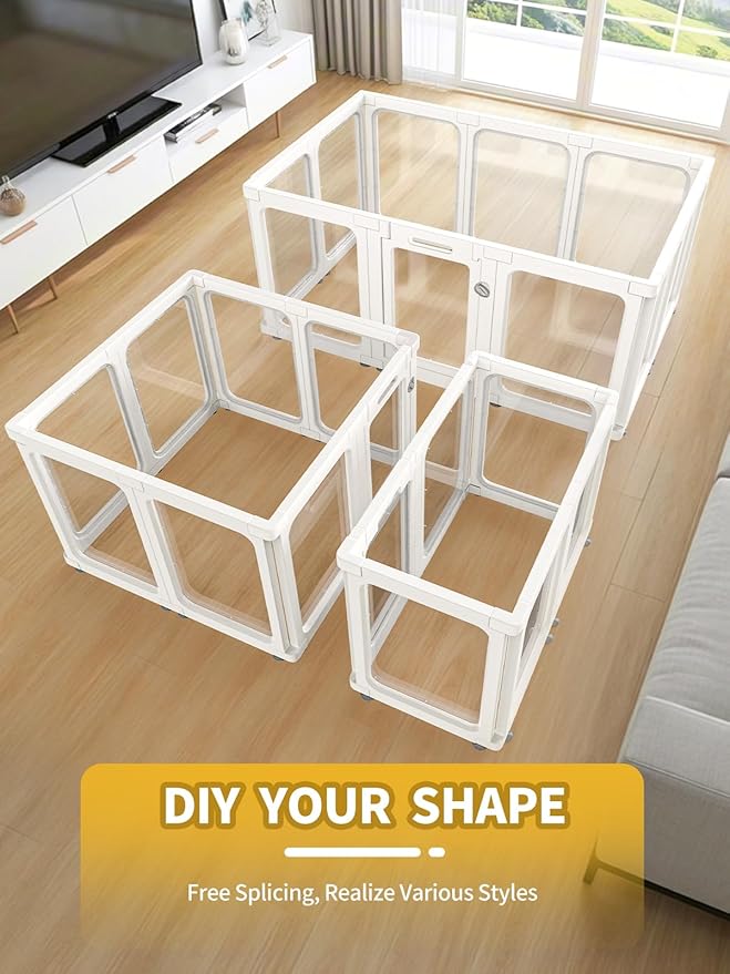 Dog Playpen, Clear Acrylic Plastic Puppy Playpen Indoor, Pet Pen for Puppy Cat Bunny, Transparent Easy Assemble Foldable Whelping Box for Dogs, Puppy Playpen with Gate (23.6" Height, 10PCS)-PawvioPets