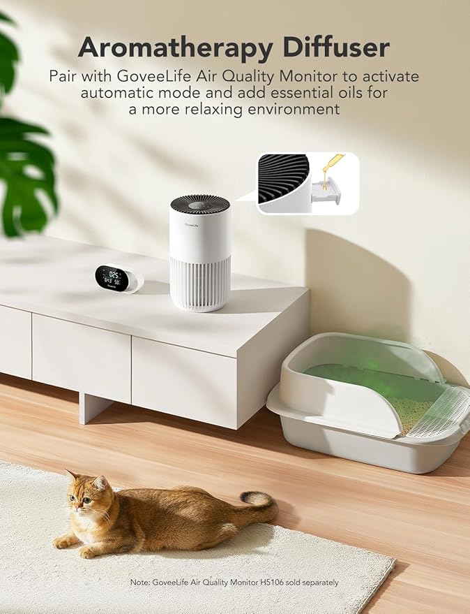 GoveeLife Mini Air Purifier for Bedroom, Smart Filter Air Purifier with App Alexa Control for Pet Hair, Odors, Pollen, Smoke, Portable Air Cleaner with 3 Speeds, 2 Modes, Timer, Aroma for Home-PawvioPets