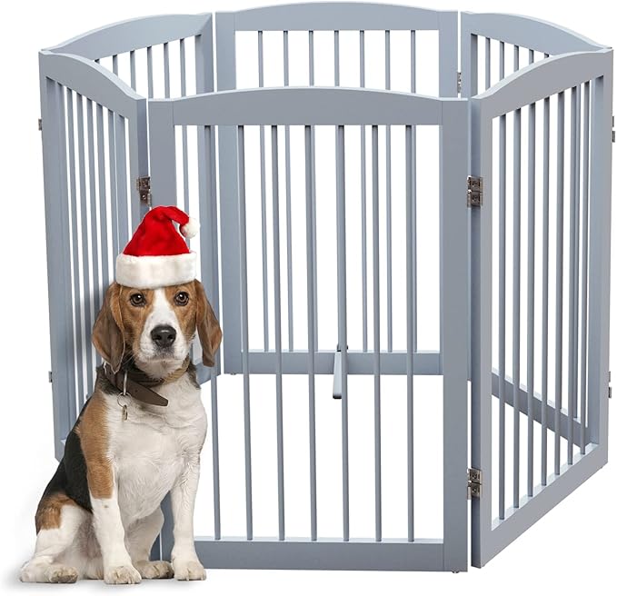 Freestanding Pet Gate for Dogs, Indoor Wooden Foldable Dog Gate for House, Extra Wide, Pet Fence for Stairs, Doorways, Halls, Support Feet Included, 120 Inch Wide, 6 Panels 32",Grey-PawvioPets