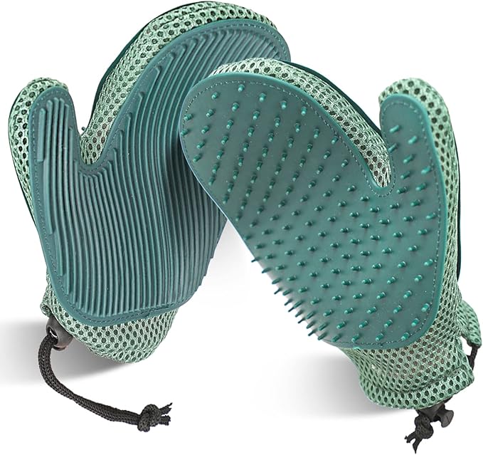 2 in 1 Pet Fur Glove & Cat Hair Remover Glove, Dog Grooming Glove Brush for Shedding, Massage, Efficient Pet Hair Remover Mitt for Uproot Cleaner Clothes, Couch, Carpet [Blue/Pair]-PawvioPets